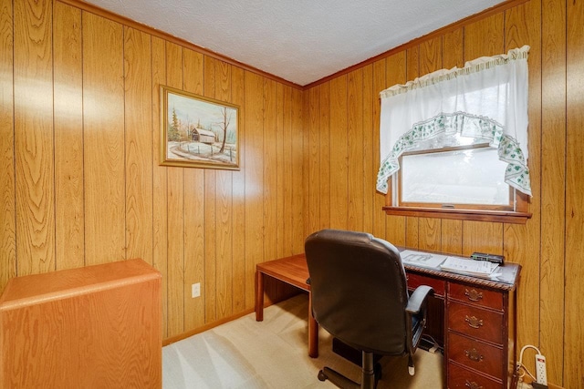 office with light colored carpet and wooden walls