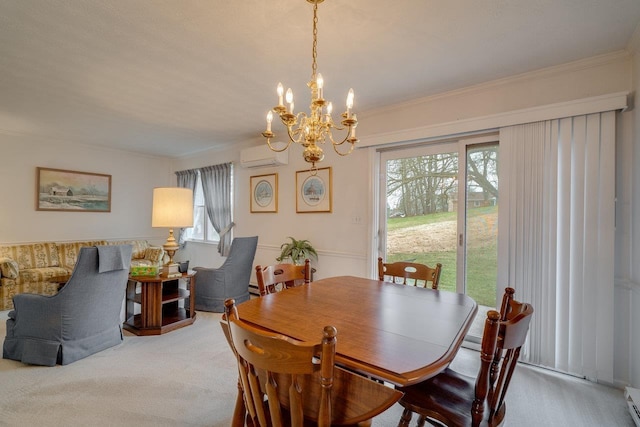 dining space with an inviting chandelier, ornamental molding, carpet, and a wall unit AC