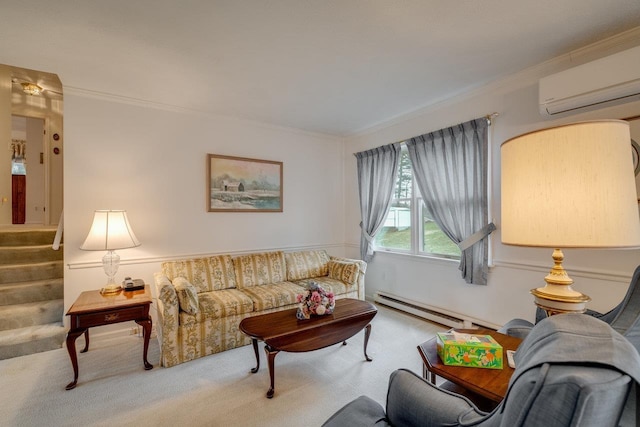 carpeted living room with crown molding, a wall mounted air conditioner, and baseboard heating