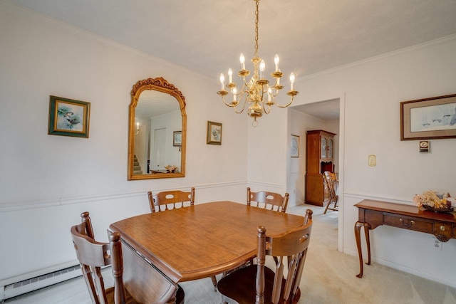 dining space with baseboard heating, ornamental molding, an inviting chandelier, and light carpet