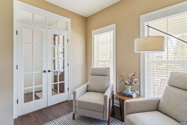 living area with a healthy amount of sunlight, french doors, and wood finished floors