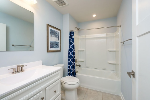 full bathroom with shower / tub combo with curtain, tile patterned floors, toilet, and vanity