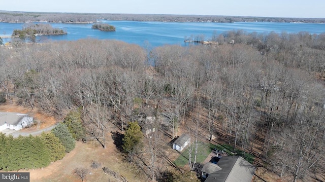 drone / aerial view featuring a water view and a forest view