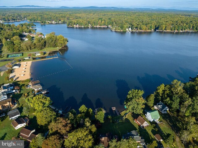 drone / aerial view with a water view