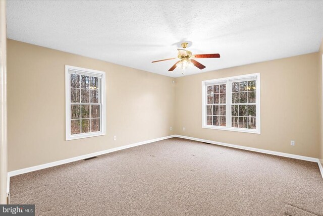 spare room with ceiling fan, a healthy amount of sunlight, a textured ceiling, and carpet flooring