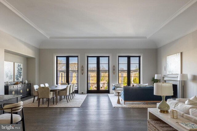 living area with french doors, crown molding, a tray ceiling, and dark wood finished floors