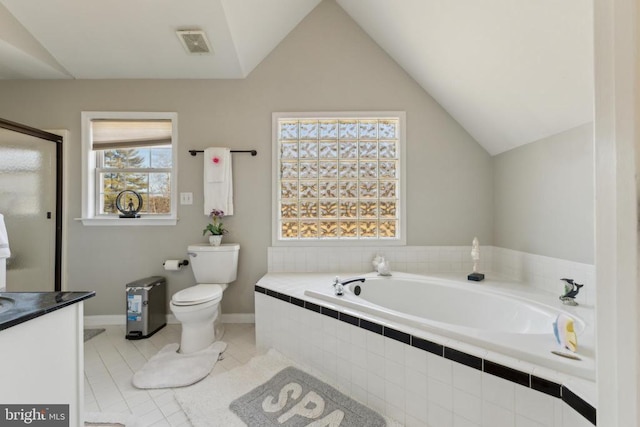 full bath with lofted ceiling, tile patterned flooring, vanity, visible vents, and a bath