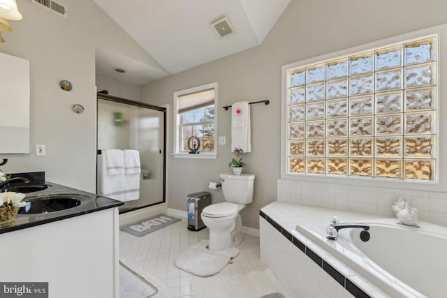 full bath with lofted ceiling, a sink, visible vents, double vanity, and a stall shower