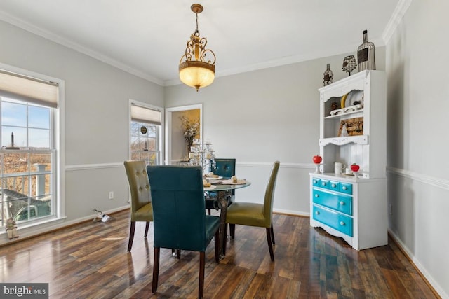 dining area featuring baseboards, dark wood finished floors, a wealth of natural light, and crown molding