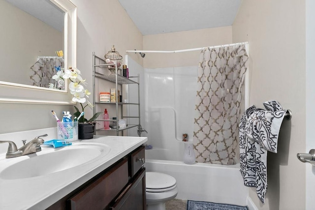 full bathroom with vanity, toilet, and shower / bathtub combination with curtain