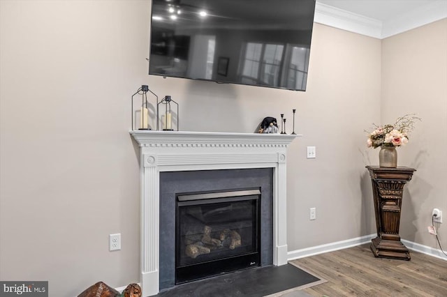 interior details with hardwood / wood-style floors and ornamental molding