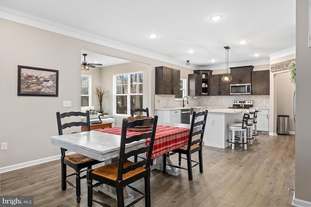 dining room with wood-type flooring, ornamental molding, sink, and ceiling fan