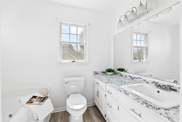 bathroom with toilet, vanity, baseboards, and wood finished floors