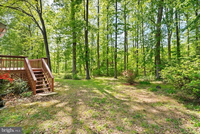 view of yard with stairs and a deck