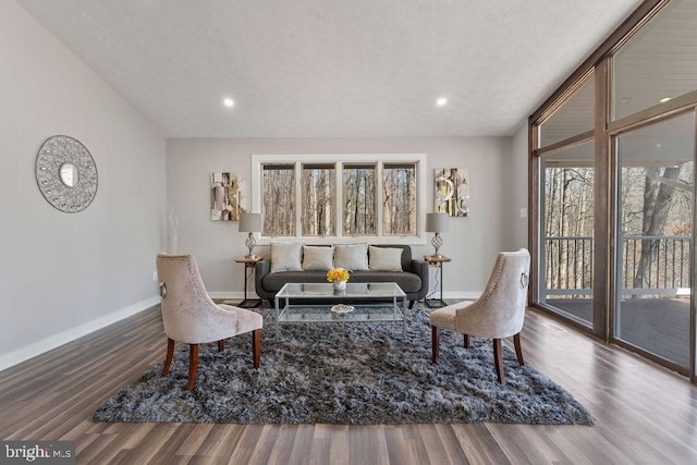 sitting room featuring recessed lighting, a textured ceiling, baseboards, and wood finished floors