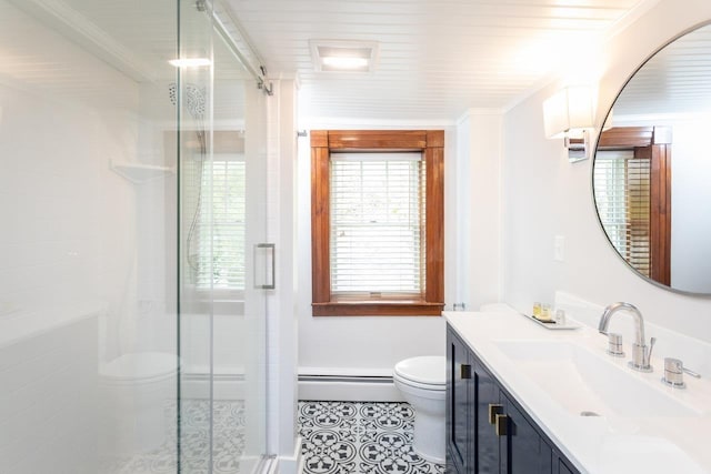 bathroom with vanity, a stall shower, tile patterned flooring, crown molding, and toilet