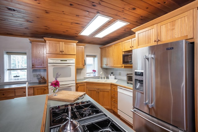 kitchen featuring a sink, tasteful backsplash, stainless steel appliances, a skylight, and light countertops