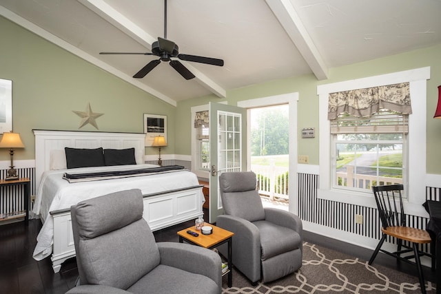 bedroom featuring lofted ceiling with beams, access to exterior, dark wood finished floors, and ceiling fan