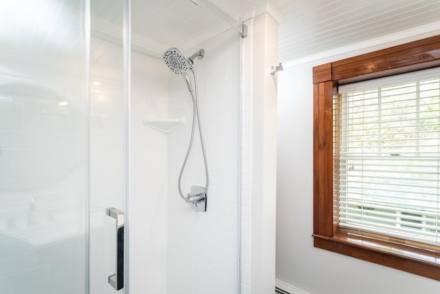 bathroom featuring baseboard heating, a healthy amount of sunlight, and a stall shower