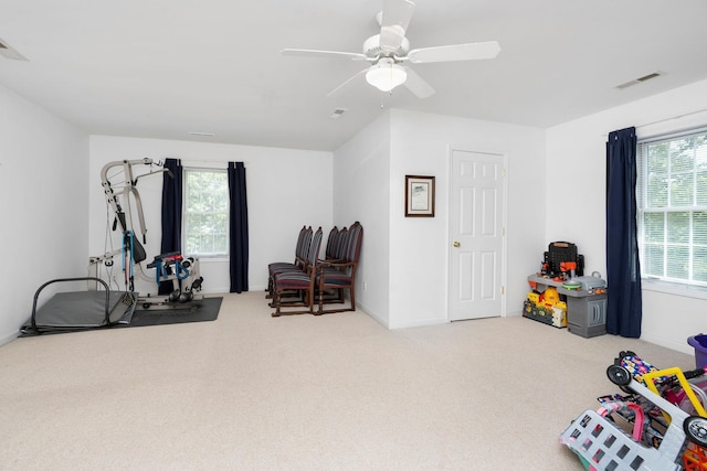 workout area featuring ceiling fan and carpet flooring