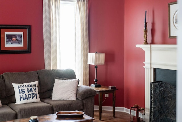 living room with hardwood / wood-style flooring and a fireplace