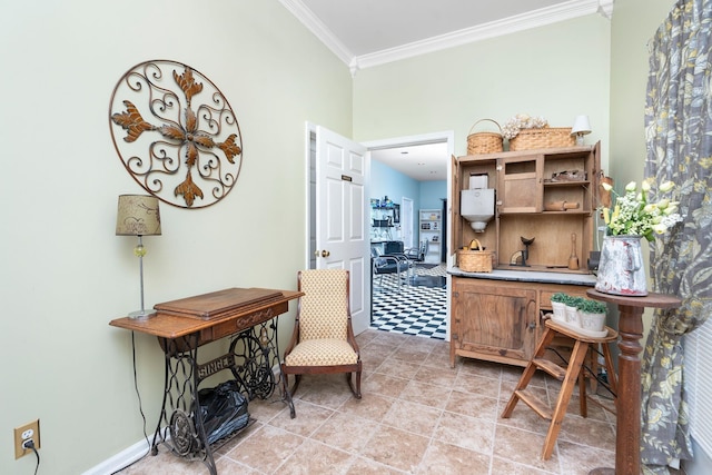 office space with ornamental molding and light tile patterned flooring