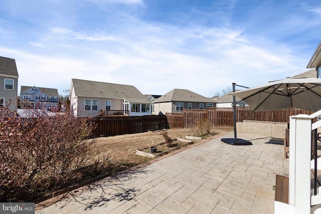 view of patio featuring a fenced backyard and a residential view