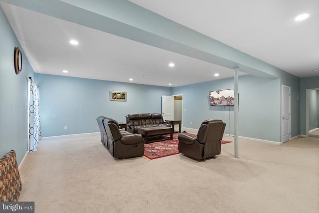 living area featuring light carpet, baseboards, and recessed lighting