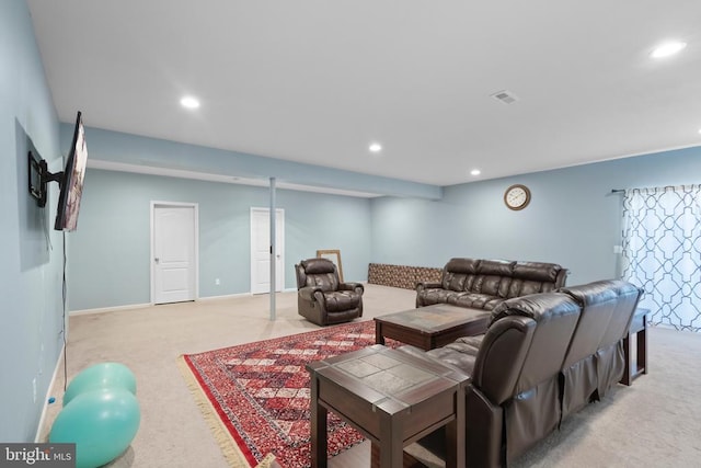 living area featuring recessed lighting, light carpet, visible vents, and baseboards