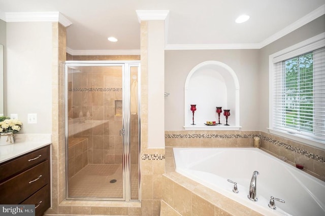 bathroom featuring crown molding, vanity, and plus walk in shower