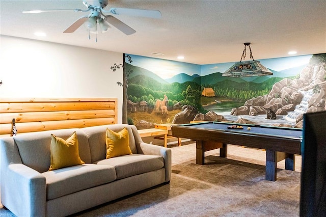 playroom with carpet floors, recessed lighting, a ceiling fan, and pool table