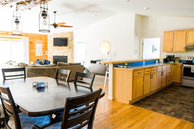 kitchen with dark wood-style flooring, a fireplace, electric range, light brown cabinetry, and under cabinet range hood