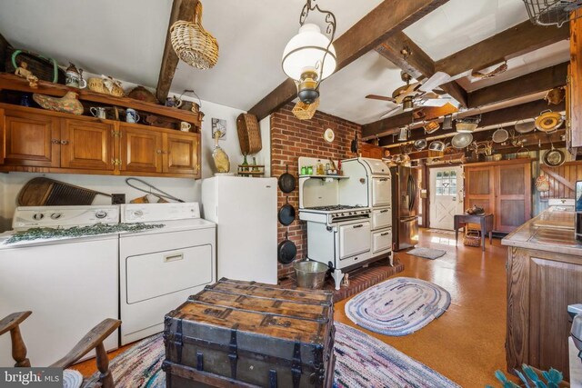 laundry area with washer and dryer, ceiling fan, and brick wall