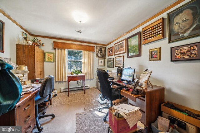 office area with a baseboard radiator and ornamental molding