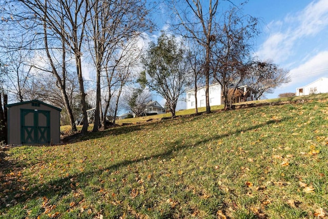 view of yard featuring a storage shed