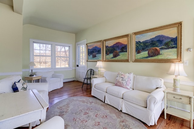 living room with hardwood / wood-style flooring and a baseboard radiator