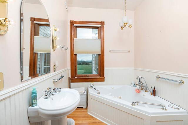 bathroom with wood-type flooring, sink, and a tub