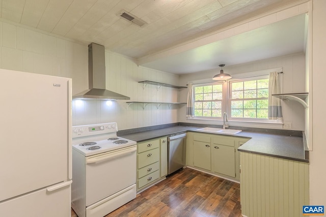 kitchen featuring wall chimney range hood, open shelves, a sink, white appliances, and visible vents