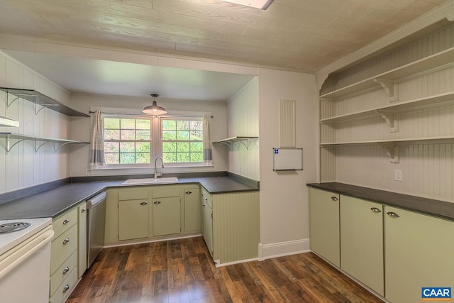 kitchen with range with electric stovetop, dark countertops, open shelves, dishwasher, and a sink