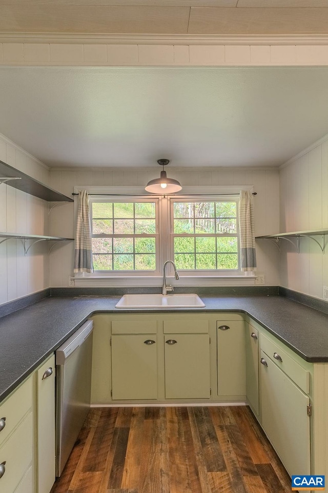kitchen with stainless steel dishwasher, open shelves, dark wood-style flooring, dark countertops, and a sink