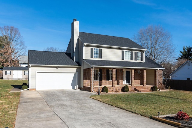 view of front of property with a porch, a garage, and a front lawn