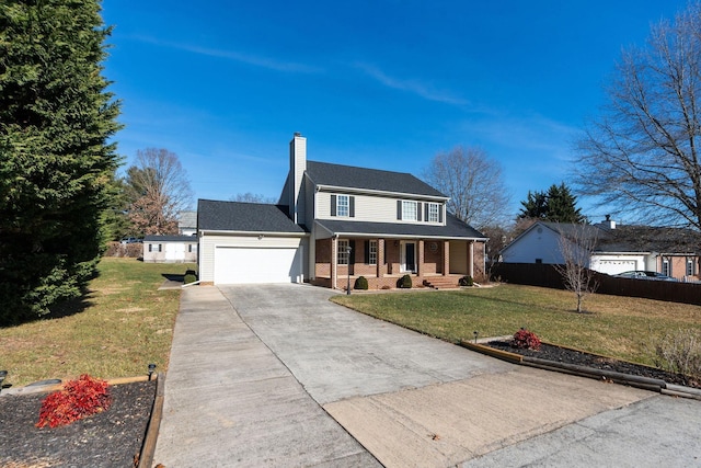 view of front facade with a garage, covered porch, and a front lawn