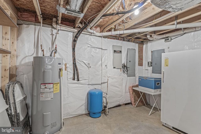 utility room featuring water heater and electric panel