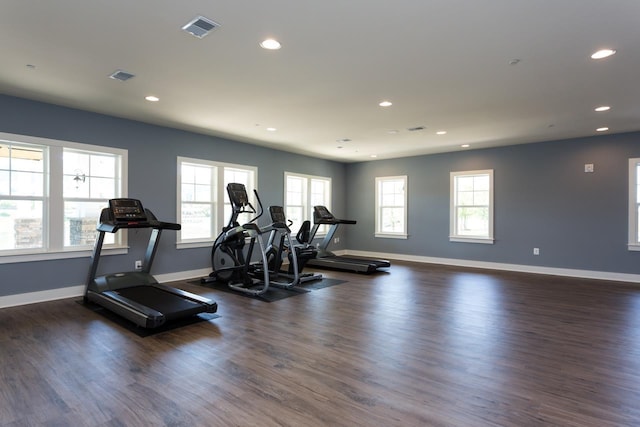 workout room featuring dark wood-type flooring