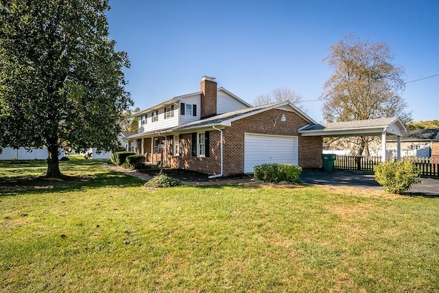 view of side of home with a carport, a garage, and a lawn