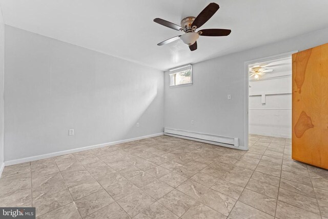 spare room featuring ceiling fan and a baseboard radiator