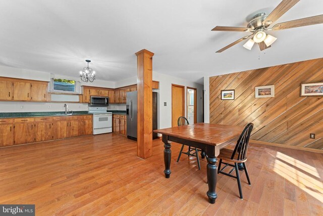 dining room featuring sink, ceiling fan with notable chandelier, light wood-type flooring, and wood walls