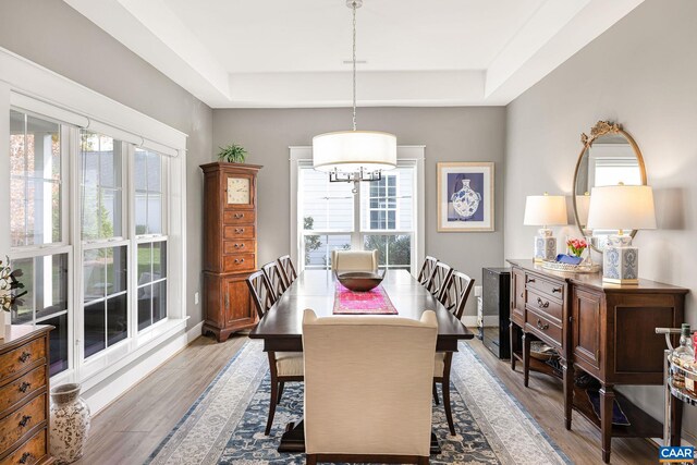 dining space with a tray ceiling, a notable chandelier, light wood-style flooring, and baseboards