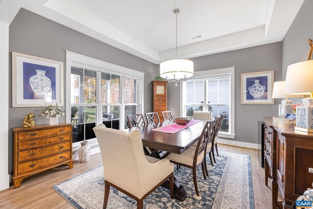 dining room with a wealth of natural light, a raised ceiling, visible vents, and light wood finished floors