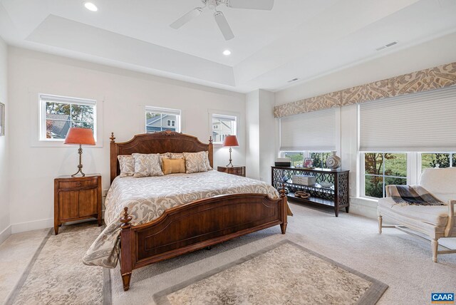 bedroom with visible vents, multiple windows, and a tray ceiling